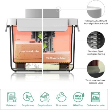 TOFUDEE Tofu Press with IntelliSpring. Patent Tofu Presser & Vegan Food Strainer, Silken Tofu to Extra Firm Tofu Maker & Tofu Mold Kitchen Gadget