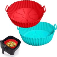 2 Pack Air Fryer Silicone Liners Pot for 3 to 5 QT, Basket Bowl, Replacement of Flammable Parchment Paper, Reusable Baking Tray Oven Accessories, Red+Blue, (Top 8in, Bottom 6.75in)